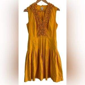 Cache gold fit n flare linen blend slvlss lined midi drss w ruffle front SZ 10